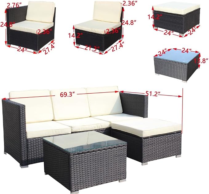 Patio Sofa Set, 5-Piece PE Rattan Wicker Outdoor Furniture with Cushioned Couch, Chairs, and Coffee Table, Beige Cushions for Garden, Deck, and Backyard