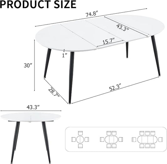 Extendable Round Dining Table for 4 6, Solid Wood for Dining Room Kitchen Office, 43"- 74" Modern Oval Kitchen Table, Removable Leaves Space Saving Expandable Dinner Table White