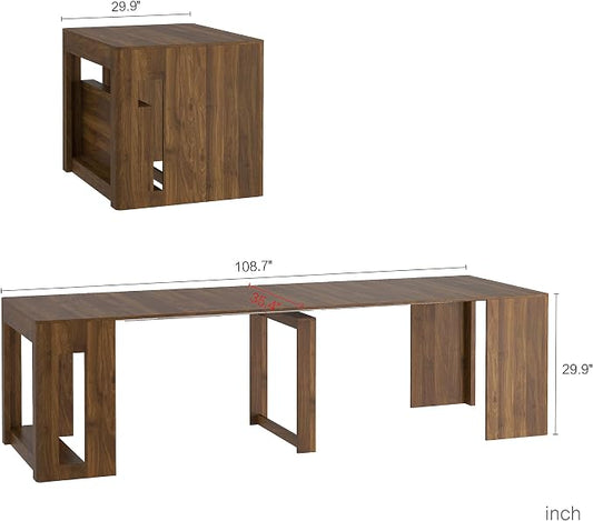 KEIKI Extendable Foldable Dining Table 29.9" to 108.7", Expandable Wooden Console Table for 1–10 People, Space Saving Multifunctional Kitchen Dining Desk, Rectangle Table for Small Spaces, Brown