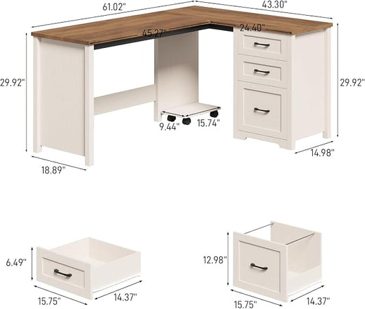 Vabches 61”Farmhouse L Shaped Executive Desk with File Drawers, Corner Computer Desk with Mobile CPU Stand, Wood Writing Computer Desk for Work, Study.Unique White