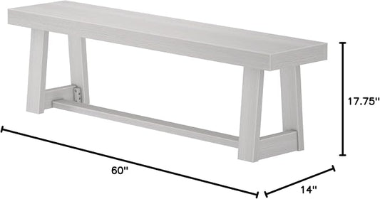 Plank+Beam 60 Inch Farmhouse Dining Bench, Solid Wood Entryway Bench, Wooden Outdoor Bench, Kitchen Dining Seat, Dining Room, Home Office, Living Room Furniture, Easy Assembly, White Wirebrush