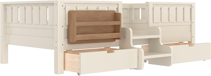 Bellemave Twin Size Kids Bed with high Rails and with Built-in Bookshelf and Drawers for Kids, Girls, Boys, Wood Montessori Bed Without Door, Beige