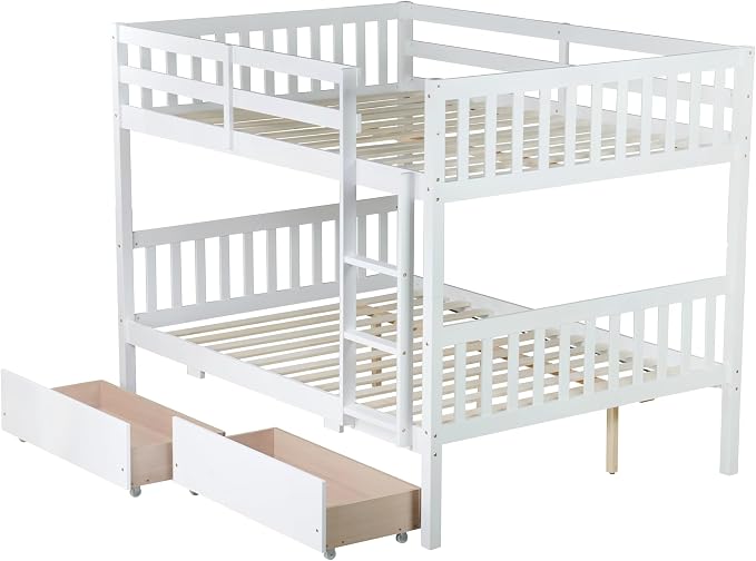 Ball & Cast Full Over Full Wood Bunk Bed for Kids,Convertible Storage Bunk Bed with Two Storage Drawers and Ladder,Can Be Divided Into Two Full Size Daybeds,No Box Spring Required,White