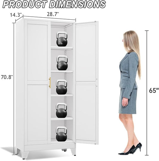 winiowa Metal Pantry Cabinet with 2 Doors and Adjustable Shelves - 71" Kitchen Storage Cabinet with Gold Handles - Versatile Storage for Kitchen, Bathroom, Dining Room, Utility Room - White