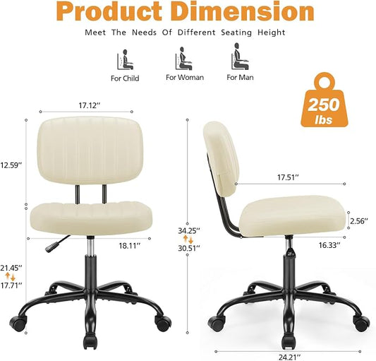 Sweetcrispy Small Office Desk Chair, Armless PU Leather with Comfy Lumbar Support, Height Adjustable Rolling Swivel Task for No Arms, for Adult, Student, Bedroom, Home, Vanity, Beige White