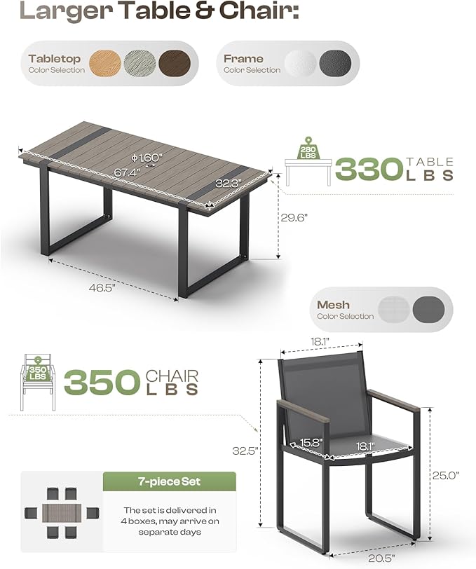 Outdoor Dining Table for 6, HDPS+ Aluminum Patio Dning Table with U-Shape Leg, Size: 67.4"*32.3"*29.6",Modern Rectangular Table for Lawn, Garden (Gray)
