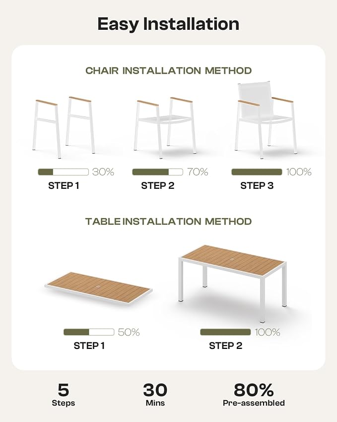 Outdoor Dining Table, Aluminum Patio Table Set, All Weather Patio Dining Furniture Set with Umbrella Hole for Backyard, Deck, Poolside (White-Teak)
