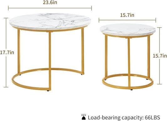 Round Nesting Coffee Table Set of 2, Modern Marble Pattern Wooden Nesting Tables, Stacking Minimalist End Table for Living Room Bedroom Small Space, (Glod Leg+White top)