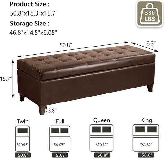 Joveco Storage Ottoman Bench, 51 Inch Leather Tufted Bench for End of Bed, Bedroom, Living Room, Brown