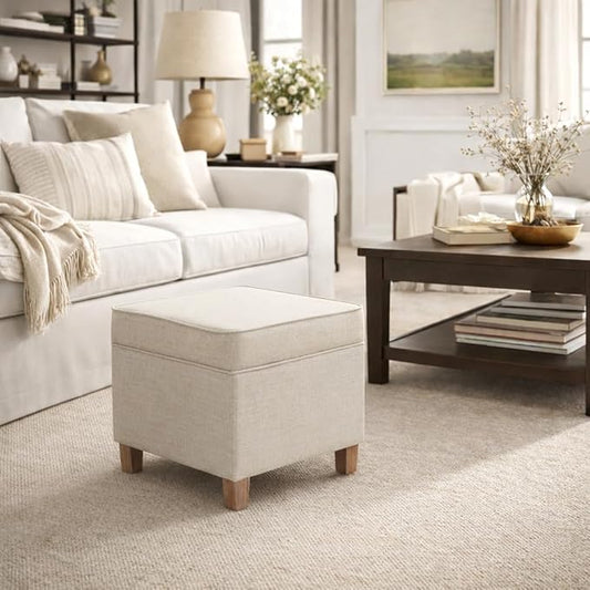 Homepop Home Decor | K7342-F2067 | Classic Square Storage Ottoman with Lift Off Lid | Ottoman with Storage for Living Room & Bedroom, Cream Woven