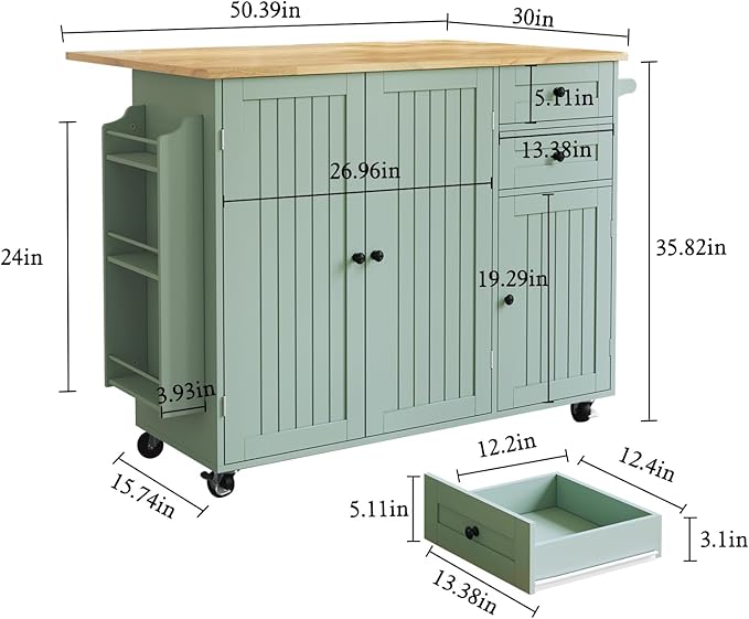 HLR Kitchen Island with Storage, Sage Green Rolling Kitchen Cart on Wheels with Drop-Leaf Bar Countertop, Islands Prep Table with Side Open Spice Rack and Tower Rack, Extra Storage for Kitchen
