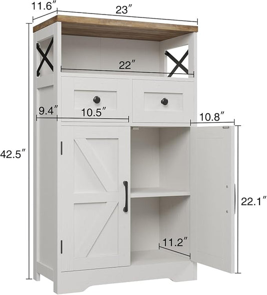 Befrases Farmhouse White Storage Cabinet with Doors and Drawers, Freestanding Kitchen Pantry Cabinet, Floor Storage Cabinet Hutch Cupboard for Kitchen, Living Dining Room, Bathroom