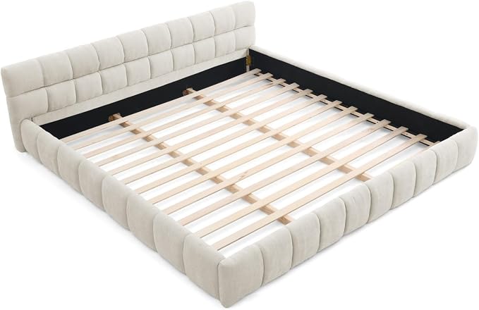 KEIKI King Thick Chenille Platform Bed Frame with Upholstered Tufted Headboard, Modern Solid Wood Floor Platform for Bedroom, No Box Spring Needed