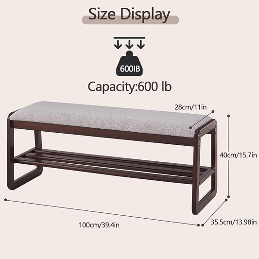Achicsofar Shoe Rack Bench,2 Tier Solid Wooden Entryway Bench(Gray Lilac) | with Shoe Storage, Shoe Rack with Cushion, for Living Room, Hallway, Garage, 11.8"D x 39.4"W x 16.5"H