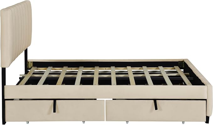 Bellemave Queen Bed Frame with Trundle Bed,Velvet Upholstered Platform Bed Frame with Storage Drawers,Queen Size Trundle Bed with Headboard for Kids Teens Adults,Beige