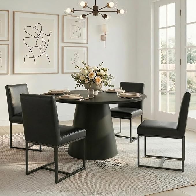 HNY Modern Dining Chairs Set of 4, Upholstered Leather Dining Room Chairs with Ergonomic Back & Metal Frame for Home, Kitchen, Apartment, Black