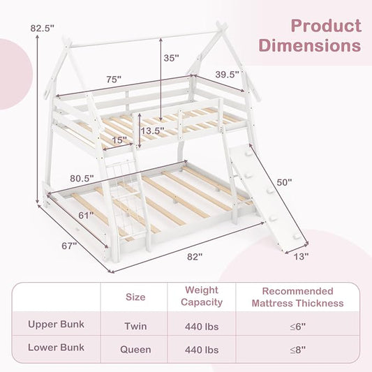 KOTEK Twin Over Queen Bunk Bed, House Bunk Beds with Climbing Nets and Ramp, No Box Spring Needed, Solid Wood Low Bunk Bed Frame for Kids Boys Girls (White)