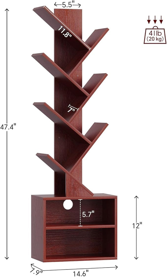 SUNMORY 6 Tier Tree Bookshelf, Tall Bookcase with Storage Cabinet, Modern Narrow Bookshelves Organizer, Floor Standing Book Shelf for Bedroom/Living Room/Home Office/Corner, Cherry