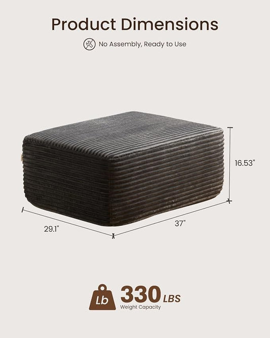 37" Plush Boneless Ottoman, Upholstered Cloud Footrest for Boneless Couch in a Box,Oversize Poufs for Living Room & Bedroom Sofa Ottoman,Comfy Seating with Dense Foam, Grey (Plush Corduroy Fabric)