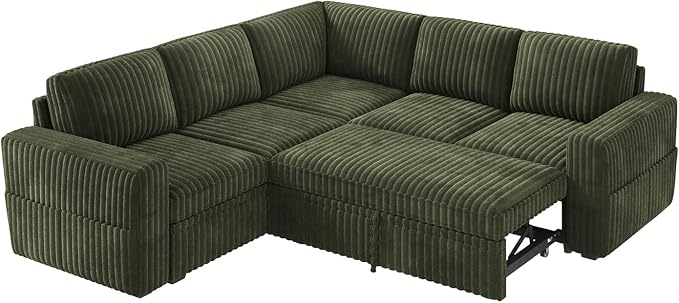 HONBAY Modular Sectional Sleeper Sofa with Pull Out Bed,Corduroy L Shaped Couch with Storage, Sectional Couches for Living Room,Green