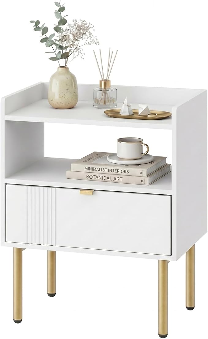 Nightstand, Mid-Century Modern Night Stand Table with Storage Drawer and Open Wood Shelf, Side End Table with Sturdy Metal Legs Small Spaces (White)
