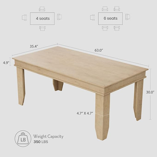 GarveeHome Farmhouse Dining Table for 4-6 People, 63 in Long Kitchen Tables with Wooden Sturdy Frame, 5 ft Large Rectangular Dinner Table for Dining Room, Kitchen, Natural, 63" Non-extendable