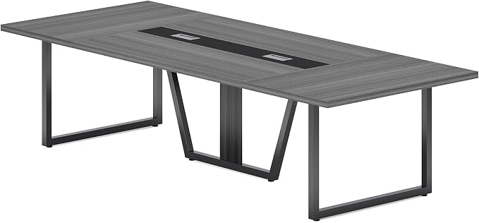 LITTLE TREE 8FT Conference Table for 10 People, Large Meeting Table, Modern Wooden Conference Room Tables with Cable Management, Business Style Training Tables with Strong Metal Legs for Office, Grey