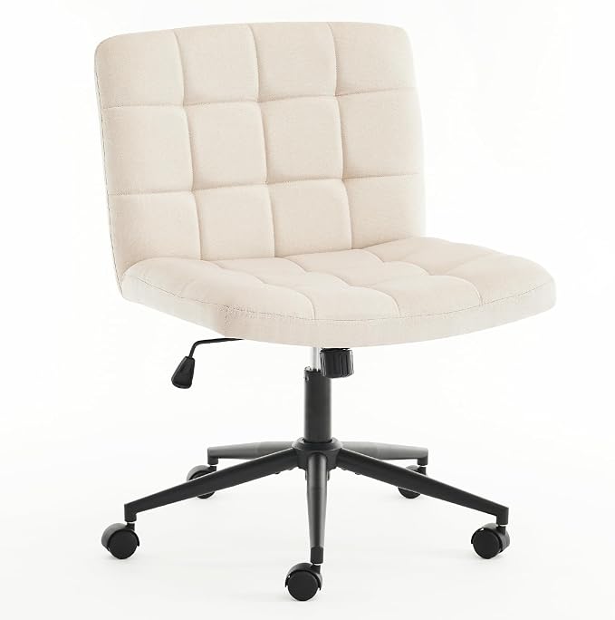 Furnimart Swivel Criss Cross Legged Chair with Wheels for Home Office, Wide Armless Desk Chair Height Adjustable Comfy Seat for Desk,Vanity, Bedroom, Beige