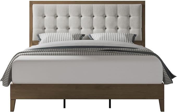 Jocisland Solid Wood King Size Bed Frame 50.2" Tall Upholstered Headboard, Mid-Century Style, Stable Platform Support, No Box Spring Needed, Ash Gray