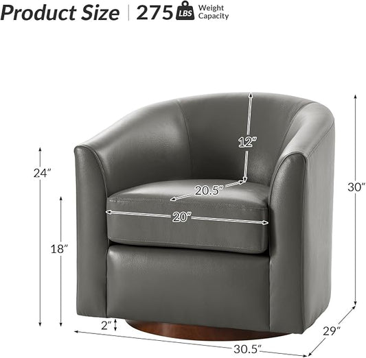 HULALA HOME Genuine Leather Swivel Barrel Chairs Set of 2, Round Swivel Accent Chairs with Solid Wood Base, Leather Barrel Accent Chair for Living Room, No Assembly Required, Grey