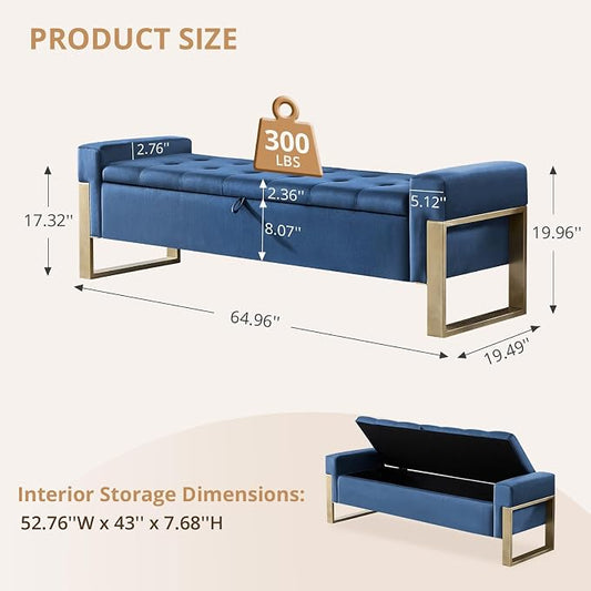 67'' End of Bed Storage Bench King Size, Storage Ottoman Bench for Bedroom, Modern Velvet Bed Benches for Foot of Beds with Gold Legs for Window Living Room Entryway, Dark Blue