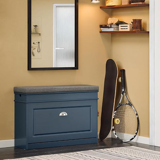 Haotian Shoe Storage Bench with Cushion, Navy Narrow Shoe Rack for Entryway, Small Shoe Cabinet with Flip-Drawer, Closet Hallway Mudroom FSR82-L-B