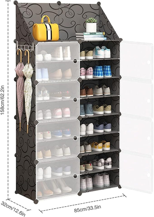 Jomifin Shoe Rack Storage Cabinet with Doors, Key Holder, Portable Shoe Organizer, Expandable Standing Rack, Holds 32-64 Pairs Shoes Boots Slippers for Closet Hallway Entryway Bedroom, 2x8 Tier, Black