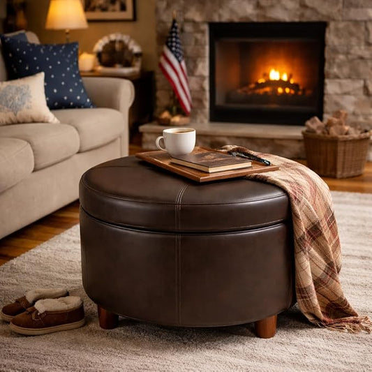 HomePop 24" Round Leatherette Storage Ottoman - Chocolate Brown