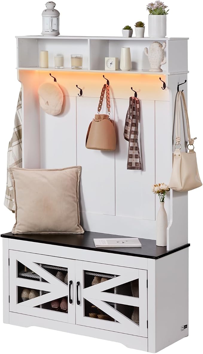 VEVOR Hall Tree Entryway Bench, LED Coat Rack with Shoe Storage, 42" Wide Mudroom Bench with Storage and Seating, Adjustable Shelves and 7 Hanging Hooks, for Mudroom, Entryway, Hallway