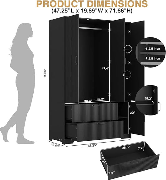 Black Fluted Wardrobe Closet with Mirror and Light, 3-Door Armoire Wardrobe with 2 Drawers, Hanging Rod, Shelves, Freestanding Bedroom Storage Cabinet