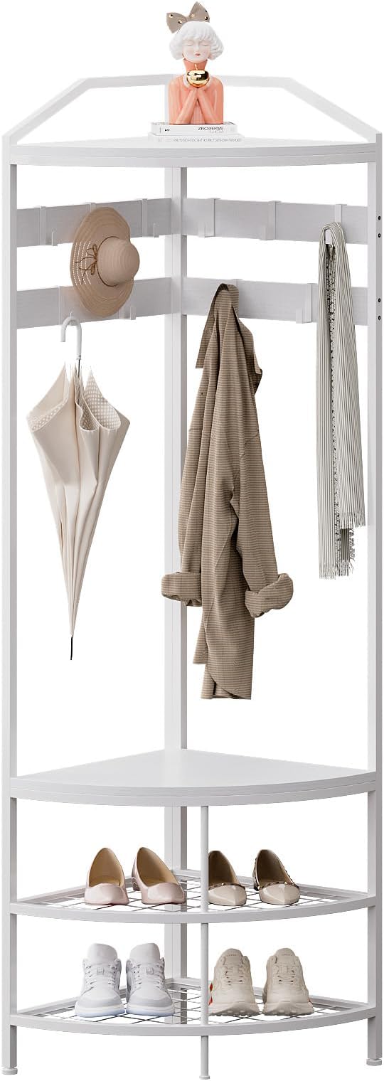 GiftGo Corner Hall Tree with Shoe Bench Entryway Coat Rack with 10 Metal Movable Hooks Freestanding Clothes Rack Shoes Shelf Organizer for Home Office Bedroom (White)