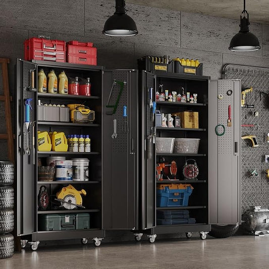 Aobabo Metal Storage Cabinet with Wheels and Door Pegboard | Garage and business storage for tools and office supplies; 5 adjustable shelves, lockable black cabinet, 16"D x 32"W x 71"H