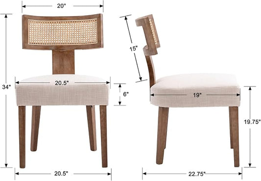 RIVOVA Rattan Dining Chairs Set of 2, Modern Dining Chairs, Kitchen Dining Room Chair, Curved Cane Back Upholstered Linen Fabric Dining Chair with Wood Frame, Beige
