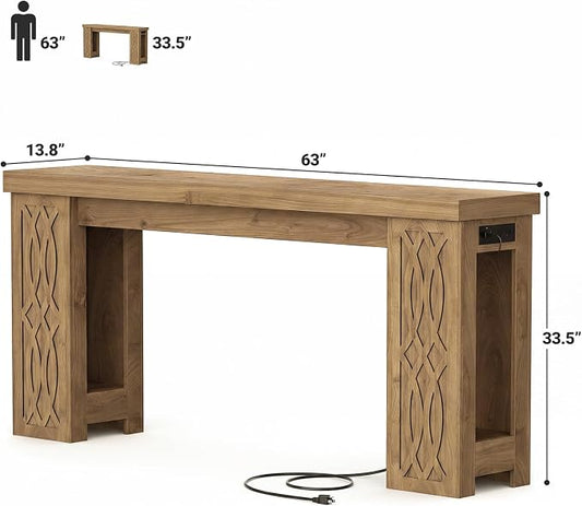 Cyclysio 63" Console Table with Outlet, Farmhouse Entryway Table with Colorful LED Lights, Wooden Sofa Table with Unique Carved Design, Foyer Accent Table for Entrance, Hallway, Living Room Natural