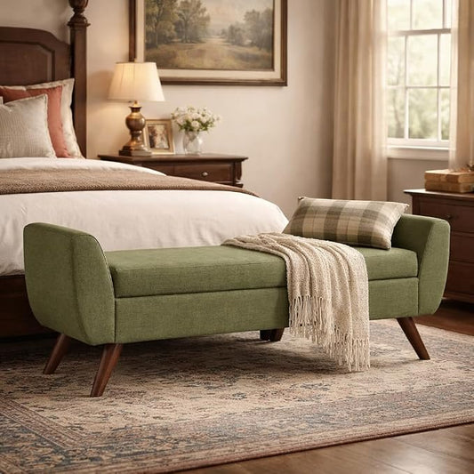 HomePop 60" Modern Storage Bench with Wood Legs - Olive Green Woven