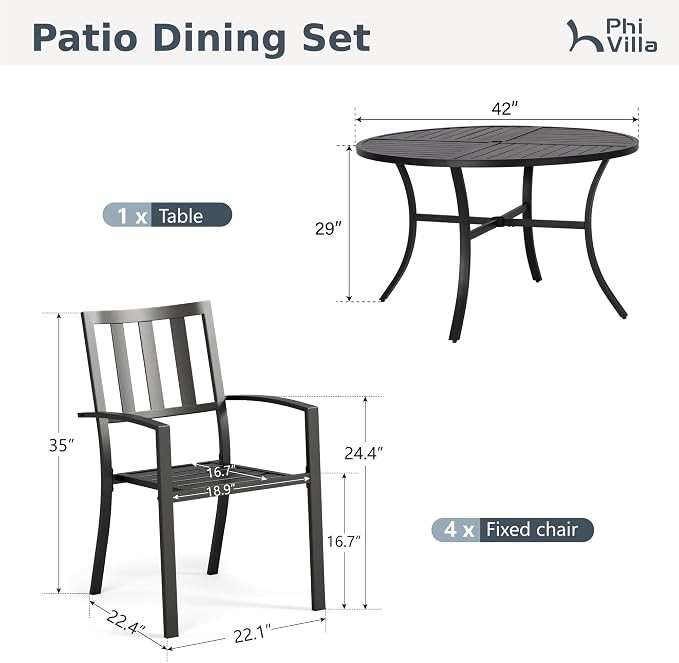 PHI VILLA 5 Piece Outdoor Dining Table Set for 4, 42” Round Steel Dining Table with Umbrella Hole & 4 Black Stacking Metal Chairs for Patio, Deck, Yard, Porch