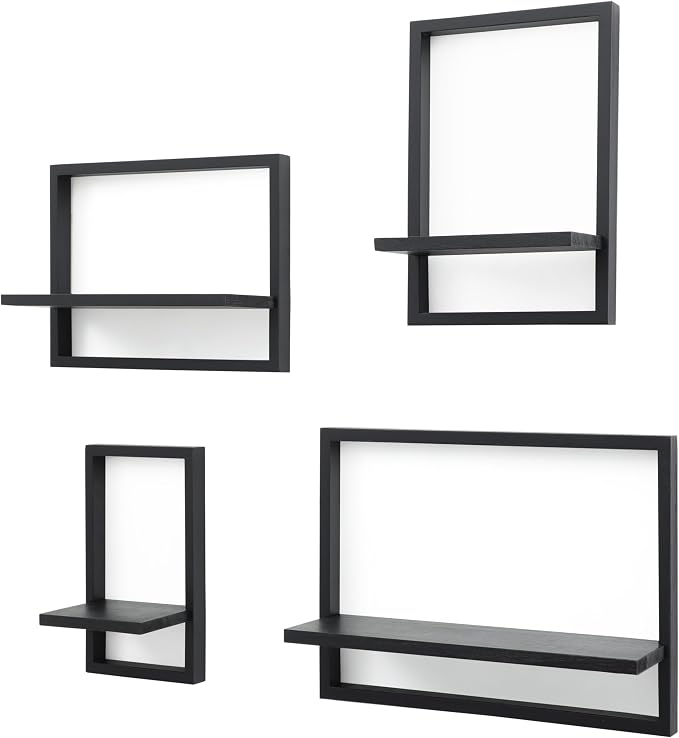 PHOENANCEE Square Floating Shelves,Framed Wall Shelf Decorative Set of 4,Modern Plants Hanging Display Art Decor Storage for Livingroom Bedroom Bathroom Farmhouse,Home Light Wood,Rustic Black