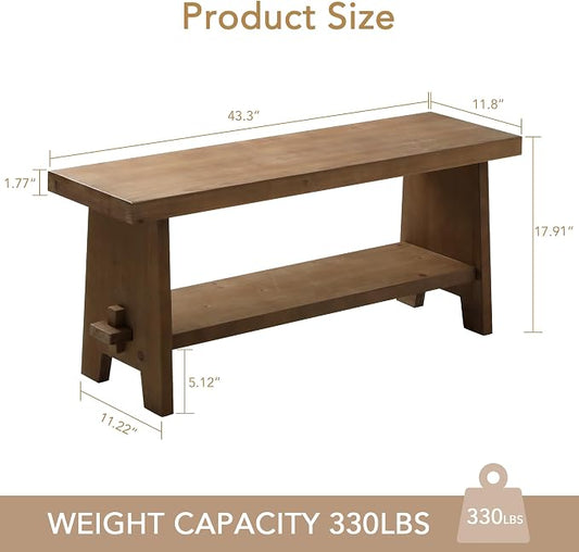 HOKYHOKY Solid Wood Entryway Bench - 43.3" Farmhouse Long Storage Bench, Rustic Narrow Bench Seat for Indoor, Entryway, Dining Room, Living Room and Hallway, Brown