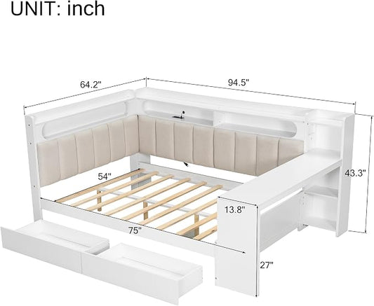Bellemave Full Upholstered Daybed with Desk and Drawers and USB/LED Belt, Corner Bed with Trundle, L-Shape daybed for Bedroom Living Room, White(Linen)