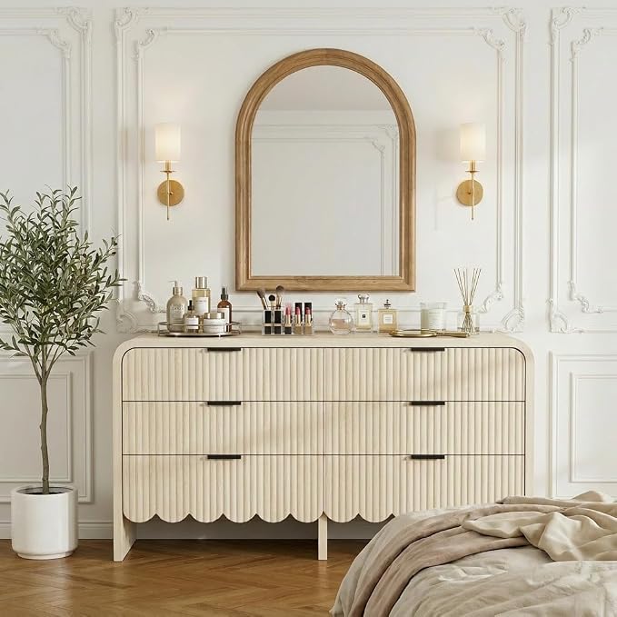 59" Scalloped Dresser for Nursery,Fluted 6 Drawer Wooden Dressers,Boho Long Dresser for Bedroom Kids Room, Living Room