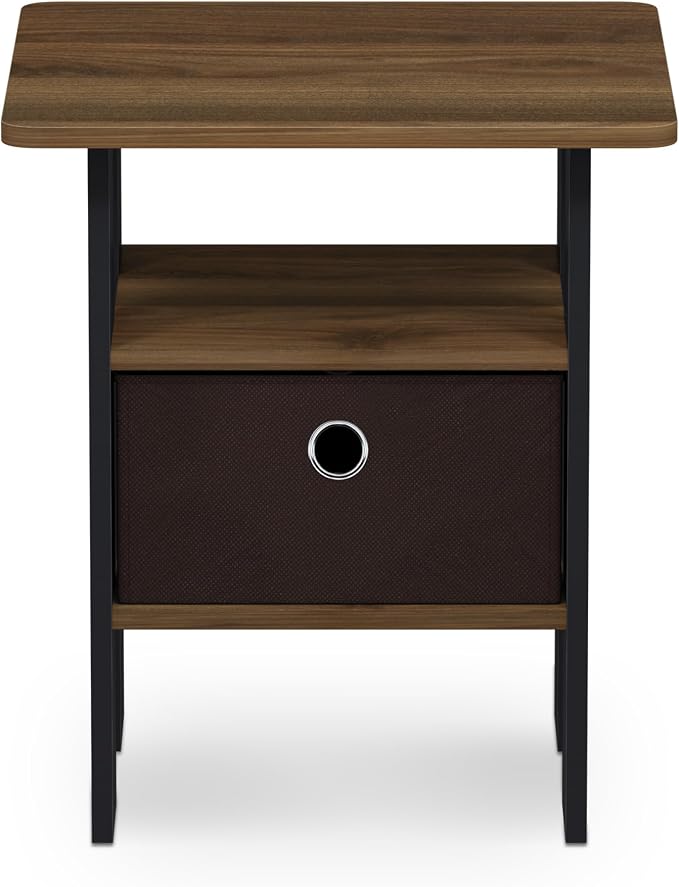 Furinno TIDUR 3-Tier Night Stand, Nightstand with Bin, Columbia Walnut | Open Shelf Design, Bedside Table, End Table, Side Table for Bedroom, Living Room