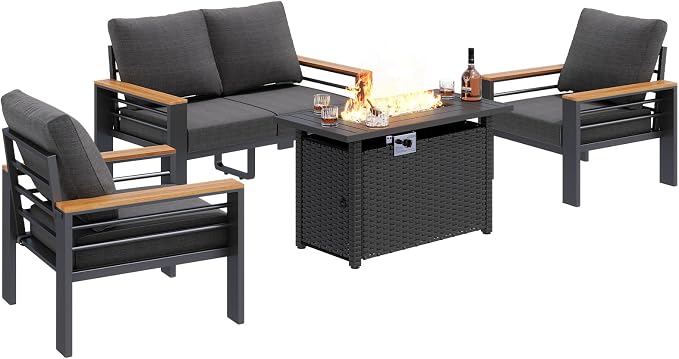 Aoxun Patio Furniture Set, Aluminum Patio Set with Fire Pit Table and 5" Thicken & Washable Cushion, Waterproof Outdoor Furniture, Outdoor Couch Sectional for Backyard (4 Seats/F, Dark Grey)