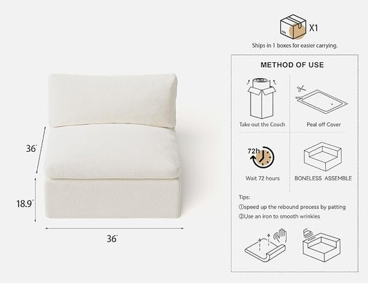 36 Inch Middle Seat | Modular Sectional Couch Sofa | Ivory White