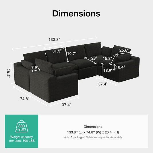 Novilla 133.8" Modular Cloud Couch, Modern Sectional Sofa with Smarts Coil® Support, Chenille Fabric, Upholstered Couch for Living Room Apartments Bedroom, No Assembly, 6 Seater, Dark Grey